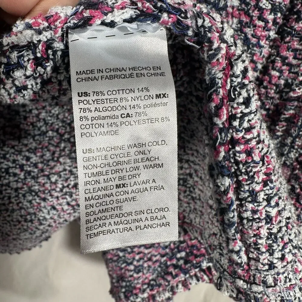 Chico’s Women’s Tweed Multicolor Structured Notch Collar Fringe Cardigan Size 2